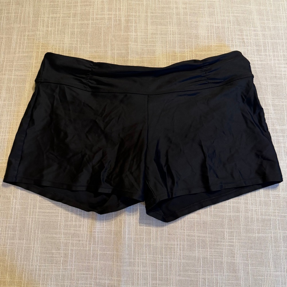 Athleta Womens Black Ruched Swim Shorts Board Shorts with Built-in Brief Size M